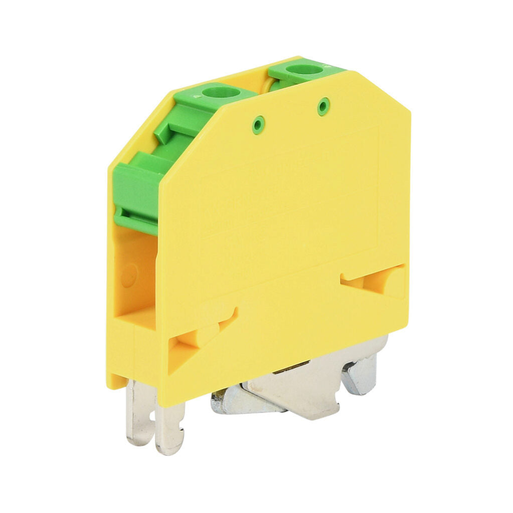 Grounding terminal block, single-level, M3 stud, accepts wire size 26-14 AWG, yellow/green, 35mm DIN rail mount. Package of 20.