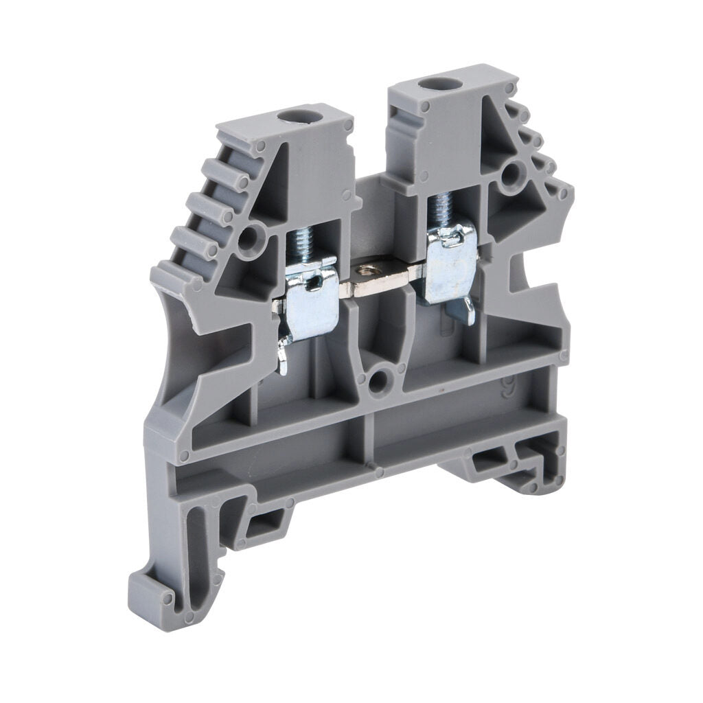 Screw single-level feedthrough terminal block, accepts wire size 26-12 AWG, gray, 20A, 35mm DIN rail mount, 100kA SCCR. Package of 100.